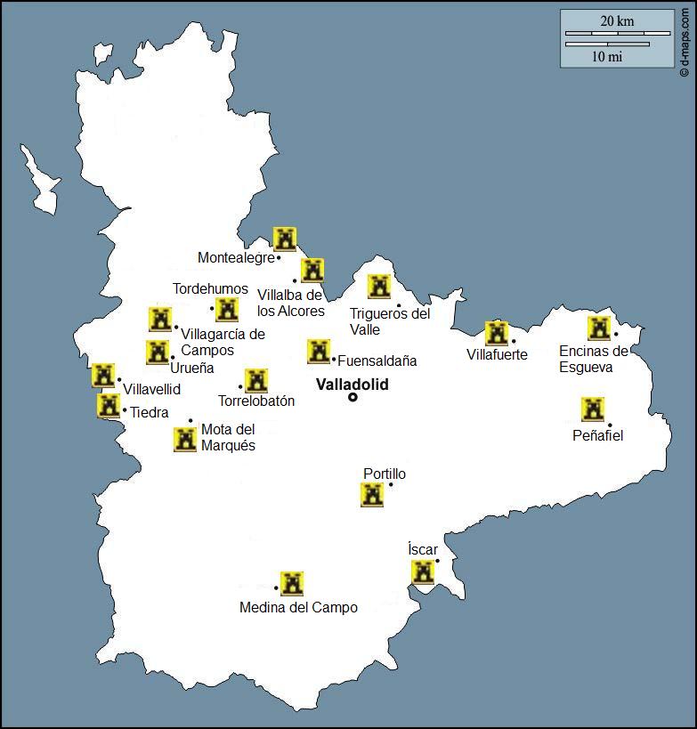 Mapa de localización de los castillos de la provincia de Valladolid